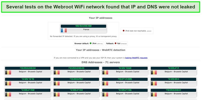 Screenshot of my Webroot WiFi connection's IP and DNS leak tests