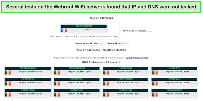 Screenshot of my Webroot WiFi connection's IP and DNS leak tests