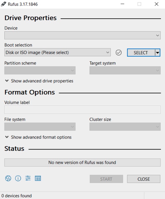 Captura de tela das propriedades do dispositivo Rufus