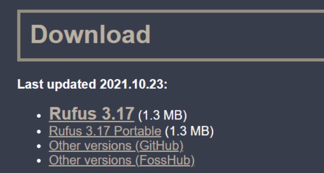 Rufus download links screenshot