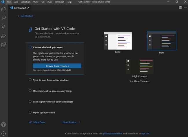 Visual Studio Code get started screenshot