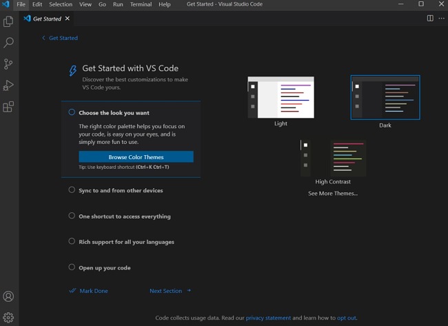 Screenshot mit Visual Studio Code „Erste Schritte“.