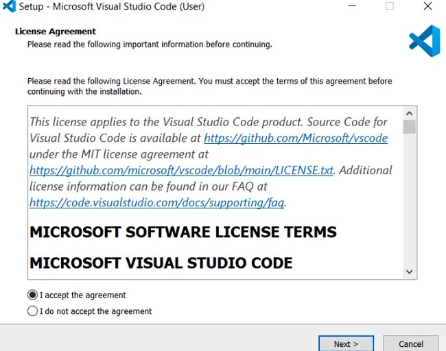 Installationsskærmbillede til installation af Visual Studio Code