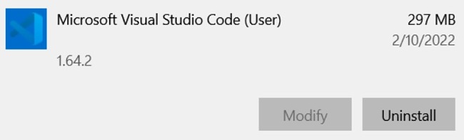 Captura de pantalla de desinstalación de Visual Studio Code