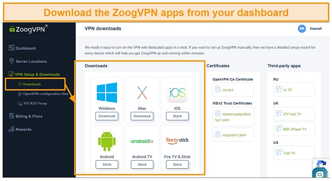 Screenshot of ZoogVPN's app download page