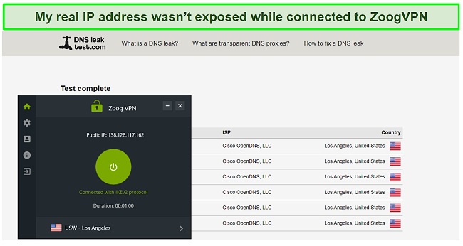 Screenshot of ZoogVPN passing my DNS leak test