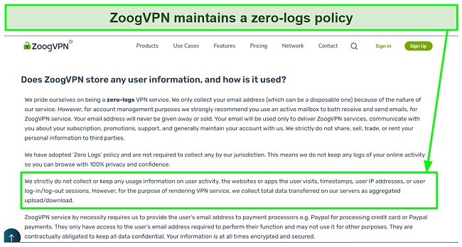 Screenshot of ZoogVPN privacy policy page