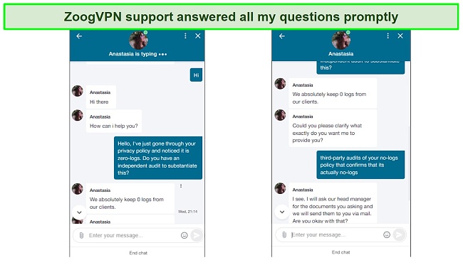 Screenshot of live chat with ZoogVPN support