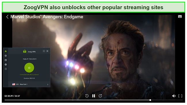 Screenshot of ZoogVPN unblocking Hulu, HBO Max, Prime Video, and Disney+