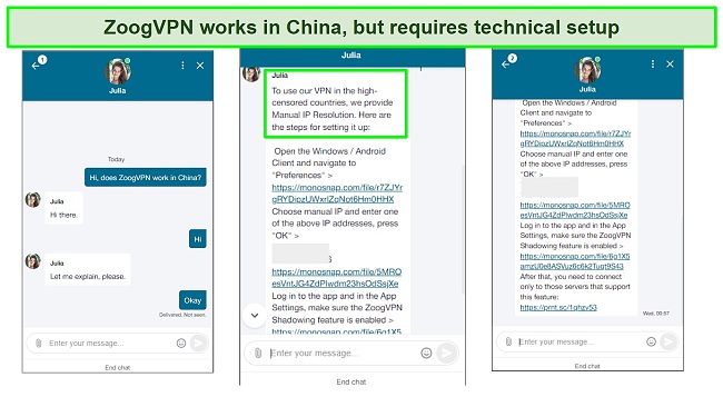 Screenshot of chat with ZoogVPN support confirming the VPN works in China