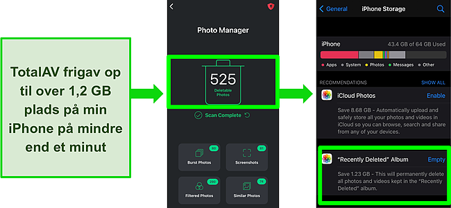 Skærmbillede af TotalAV Mobile Security til iOS og Photo Manager-funktionen.