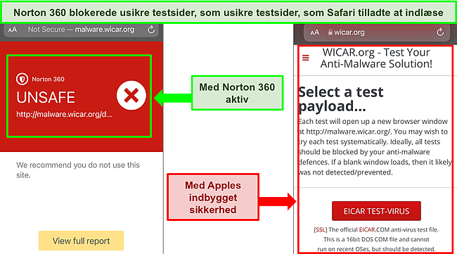 Skærmbilleder af WICAR.org i Safari-browseren, det ene blokeret af Norton 360 og det andet fuldt indlæst ved hjælp af Apples indbyggede sikkerhed.