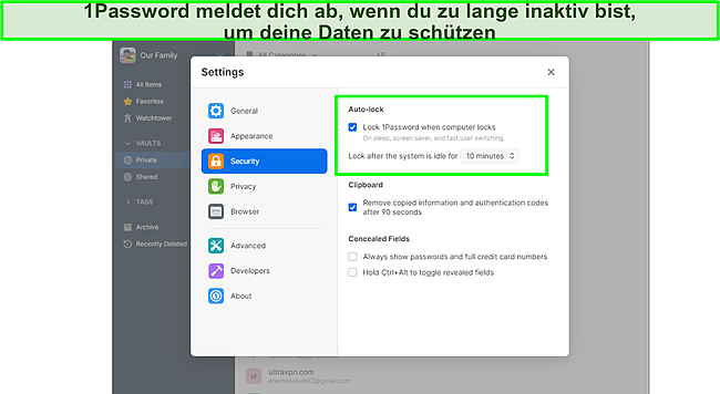 1Password sperrt Sie, wenn Sie inaktiv sind.