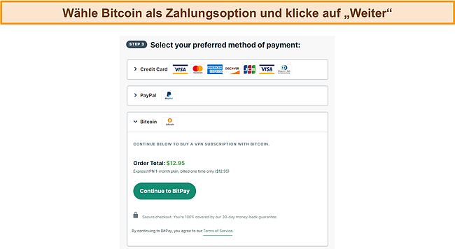 Screenshot der ExpressVPN-Bitcoin-Zahlungsauswahl.