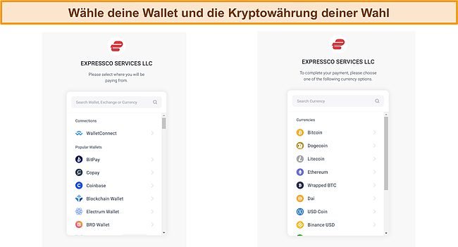 Screenshot des ExpressVPN-Kryptowährungs-Wallet-Auswahlbildschirms während der Zahlung.
