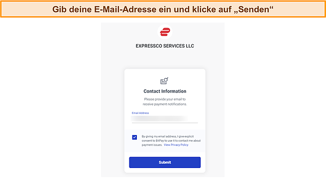 Screenshot des E-Mail-Eingabebildschirms von ExpressVPN während des Bitcoin-Zahlungsprozesses.