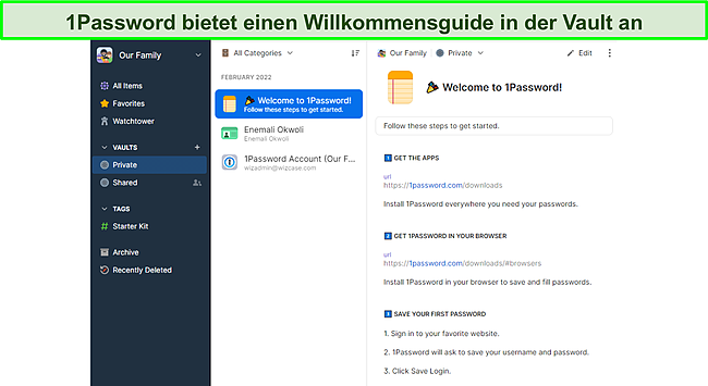 1Password enthält eine Anleitung für die ersten Schritte.