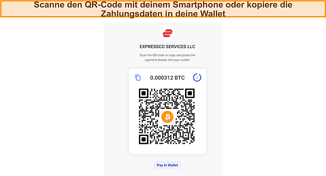 Screenshot des ExpressVPN-Bitcoin-Zahlungs-QR-Code-Bildschirms während der Zahlung.