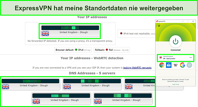 Screenshot eines IP- und DNS-Leak-Tests, der auf einem ExpressVPN-Server durchgeführt wurde.