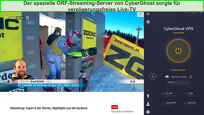 Screenshot des ORF-Streaming-Skifahrens, während CyberGhost mit einem Server in Österreich verbunden ist.