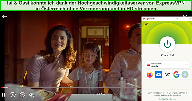 Screenshot von Isi & Ossi beim Spielen auf Netflix, während ExpressVPN mit einem Server in Österreich verbunden ist.