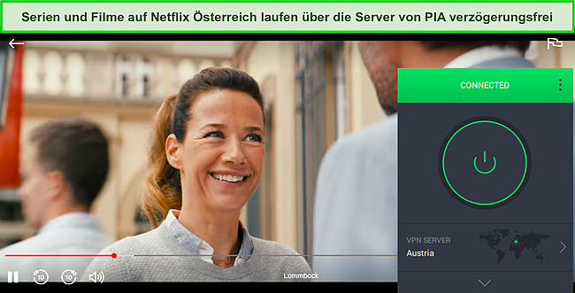Screenshot von PIA, das mit einem Server in Österreich verbunden ist, während Lommbock auf Netflix streamt.