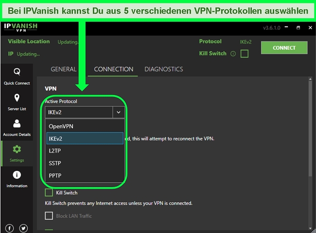 Screenshot der VPN-Protokollliste von IPVanish.
