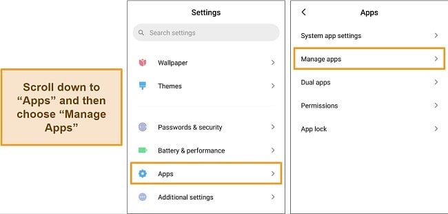 Screenshots of Android phone settings highlighting the 