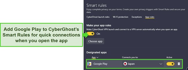 Screenshot of CyberGhost, showing the Smart Rules feature that automatically connects to a Japanese server when Google Play is opened.