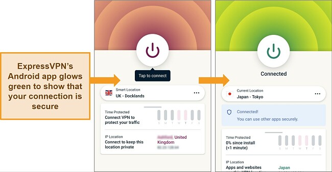 Screenshot of ExpressVPN's Android app before and after connecting to a server, showing the green glow that confirms the connection.