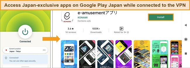 Screenshot of ExpressVPN Android app connected to Japanese server, alongside Google Play app showing a Japan-exclusive app available to install.