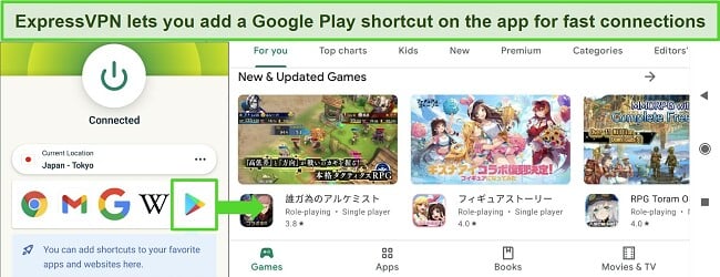 Screenshot of ExpressVPN's Android app connected to a Japanese server, highlighting the shortcuts feature with Google Play app added.