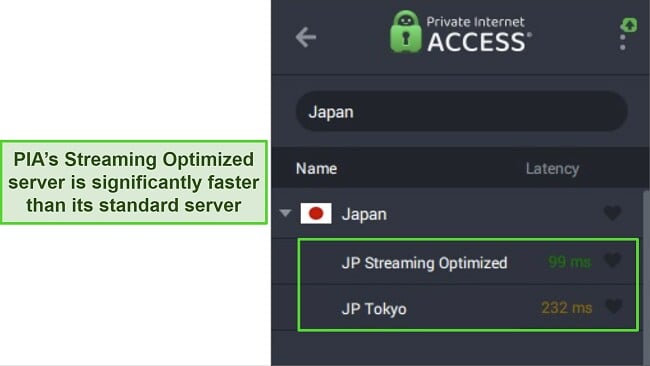 Image of PIA showing the difference in ping between Japan's streaming optimized server and its standard server.
