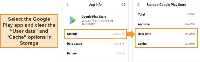 Screenshots of Google Play app info on an Android smartphone, with instructions for clearing the user data and cache for the app.