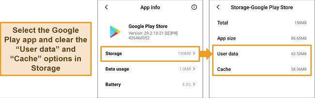 Screenshots of Google Play app info on an Android smartphone, with instructions for clearing the user data and cache for the app.