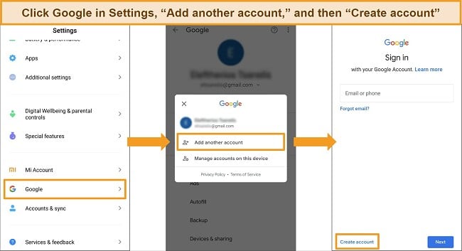 Screenshots of Android device settings, showing how to create a new Google account.