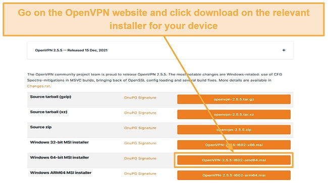 Screenshot of the download page for OpenVPN's Windows setup file