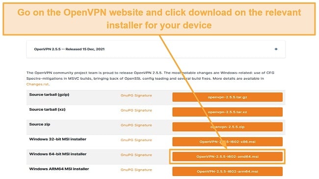 Screenshot of the download page for OpenVPN's Windows setup file