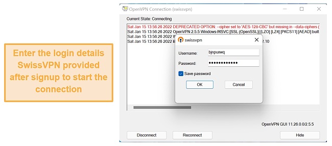 Screenshot showing the OpenVPN GUI login interface