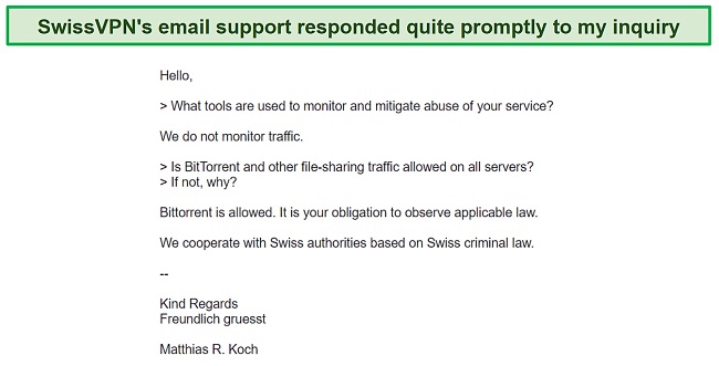 Screenshot showing my email conversation with SwissVPN support