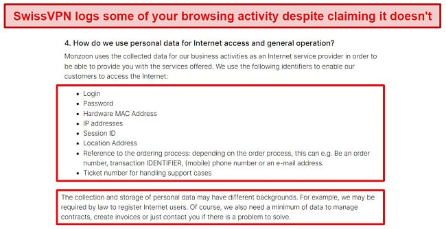 Screenshot of SwissVPN’s Privacy Policy