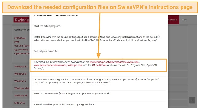 Screenshot showing SwissVPN's setup files download page