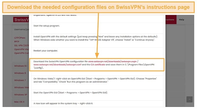 Screenshot showing SwissVPN's setup files download page