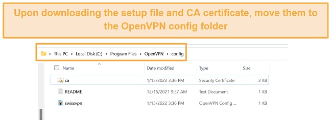 Screenshot showing how to move the setup files to OpenVPN config folder