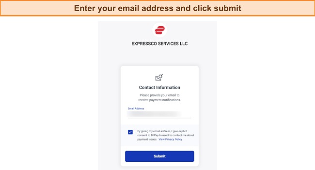 Screenshot of ExpressVPN email entry screen during Bitcoin payment process.