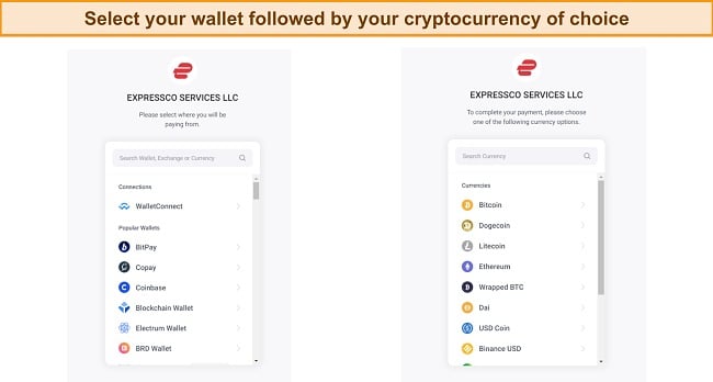 Screenshot of ExpressVPN cryptocurrency wallet selection screen during payment.