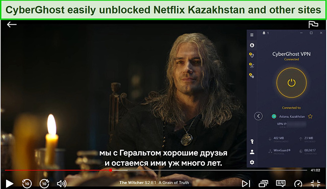 Screenshot of CyberGhost unblocking The Witcher on Netflix Kazakhstan