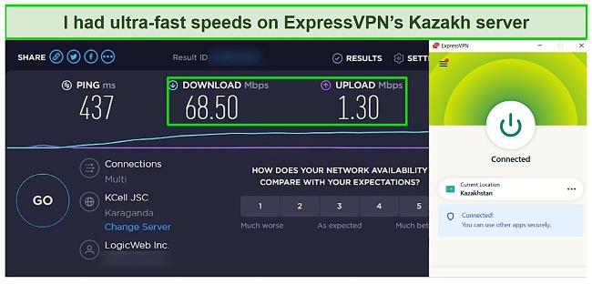 Screenshot of a speed test carried out on ExpressVPN's server in Kazakhstan