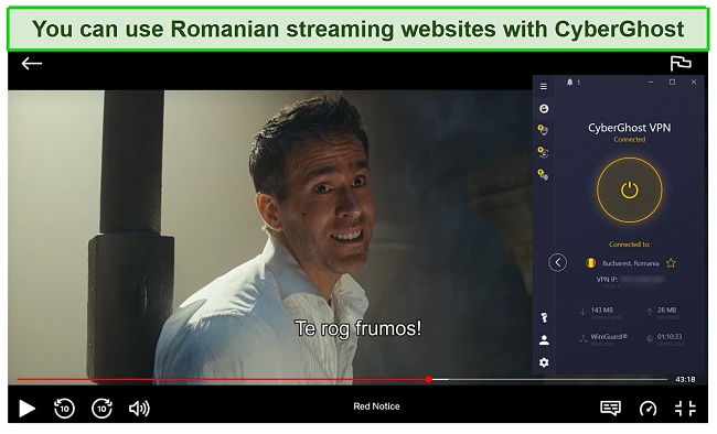 Screenshot of CyberGhost unblocking Red Notice on Netflix Romania