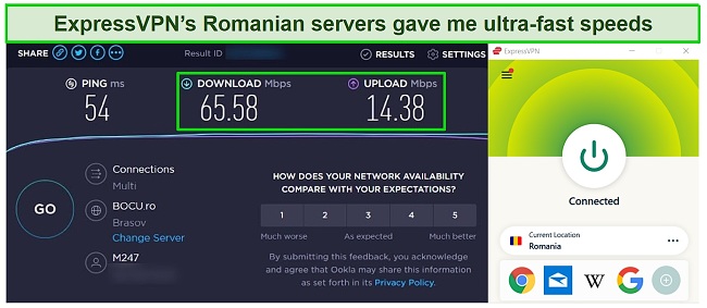 Screenshot of a speed test carried out on ExpressVPN's server in Romania